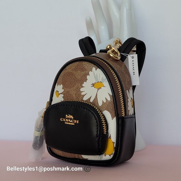 COACH Mini Court Backpack Bag Charm In Signature Canvas With Floral Print-Tan🎈⭐ - Picture 6 of 15